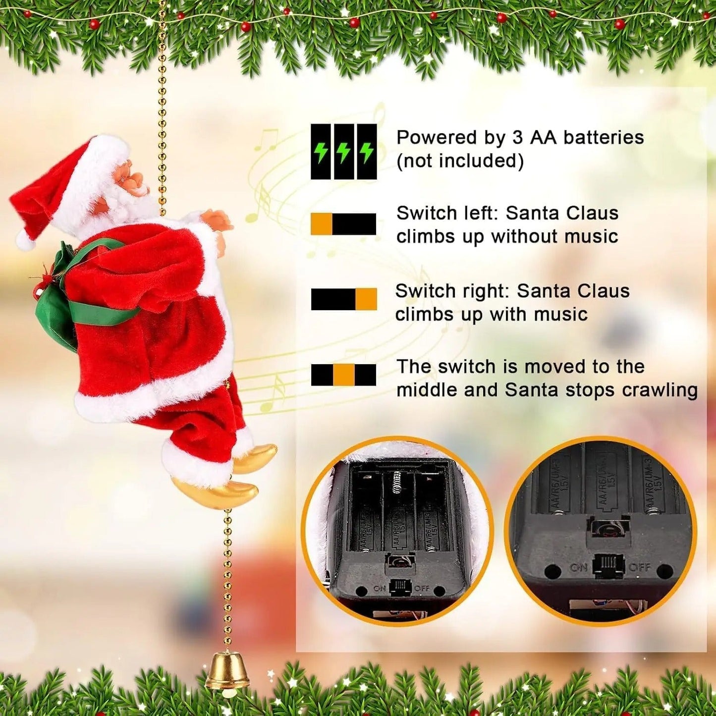 Kletternder Weihnachtsmann mit Musik und Bewegung – elektrische Weihnachtsdeko Nellavia